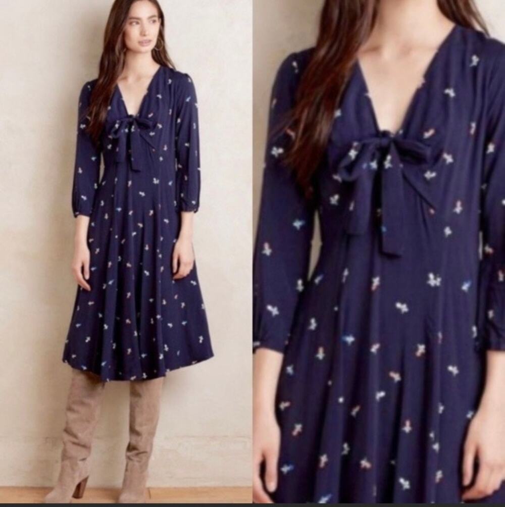 Anthropologie 11.1. Tylho Fit & Flair Dress Navy Floral 3/4 Sleeves Zip Woman XS